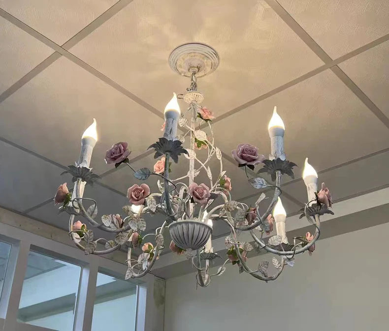 Rural Bedroom Chandelier French Living Room Children's Room Iron Flowers Plants Warm American Retro Fresh Ceramic Pendant Lamps