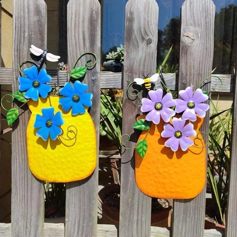 Metal Flower Garden Vases Wall Decor Outdoor Fence Art Patio Sculptures Hanging Decorations for Patio and Garden