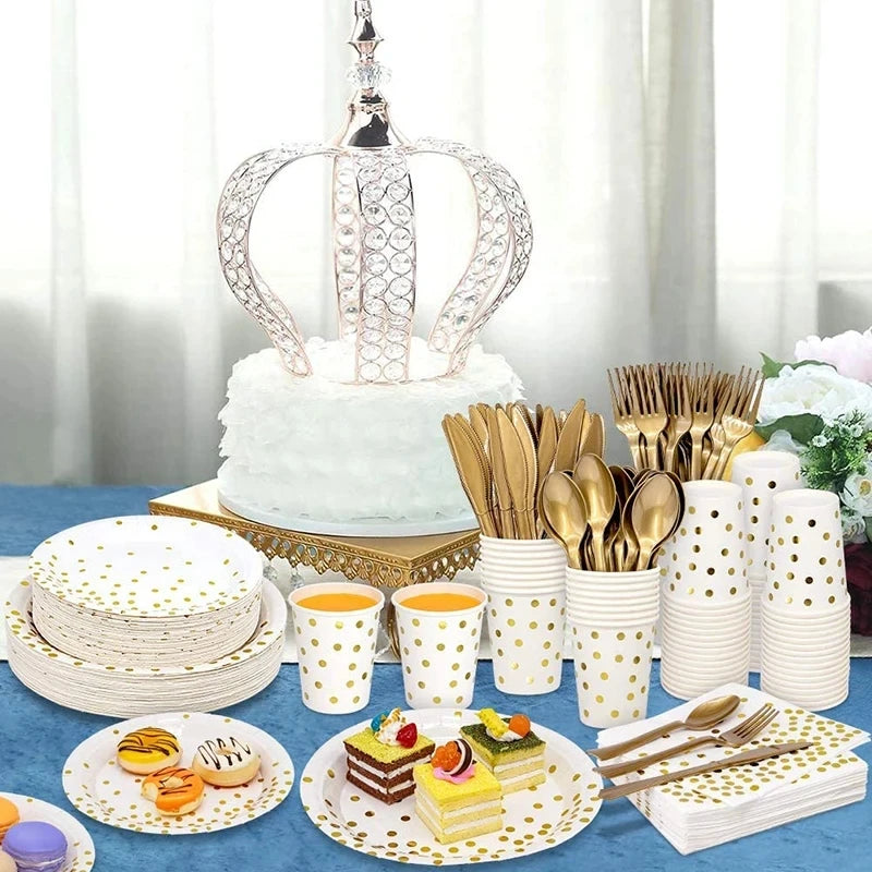 Disposable Paper Plates Gold Party Supplies, Golden Polka Dots Birthday and Baptism Decorations, include Plates and Cups, Napkin