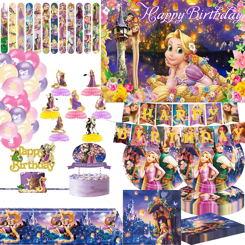 Disney Tangled Rapunzel Princess Party Decorations Disposable Paper Cup Plate Banner Balloons for Girls Birthday Party Supplies