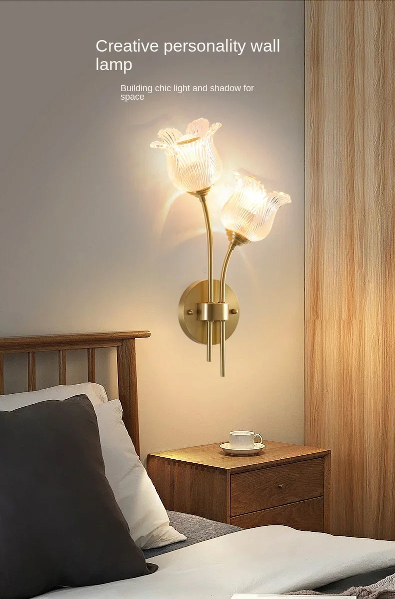 Bedroom headboard  lamp all copper American retro designer flower cream wind wall light room decor
