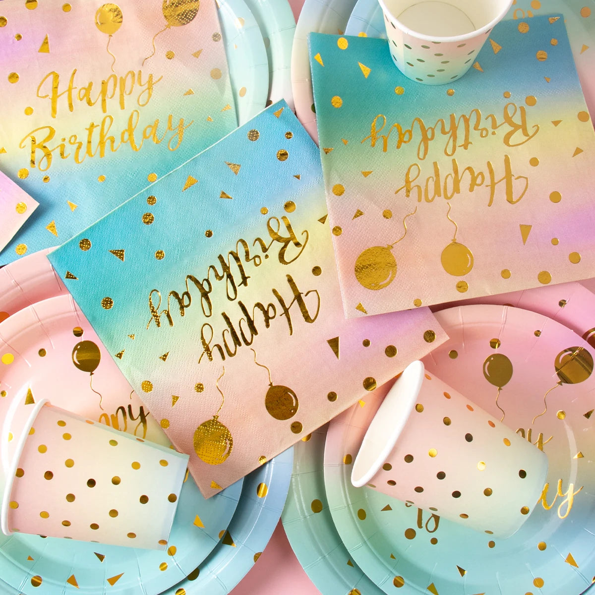Rainbow Pastel Disposable Tableware Set Gold Glitter Happy Birthday Pattern Paper Plate Cup Napkins for Birthday Party Supplies