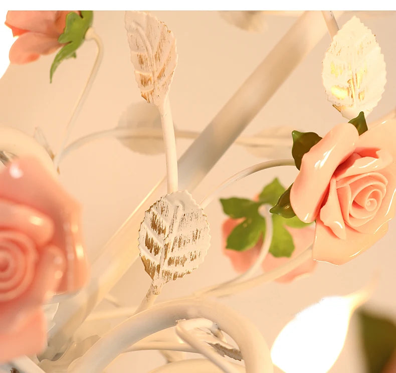 Rural Bedroom Chandelier French Living Room Children's Room Iron Flowers Plants Warm American Retro Fresh Ceramic Pendant Lamps