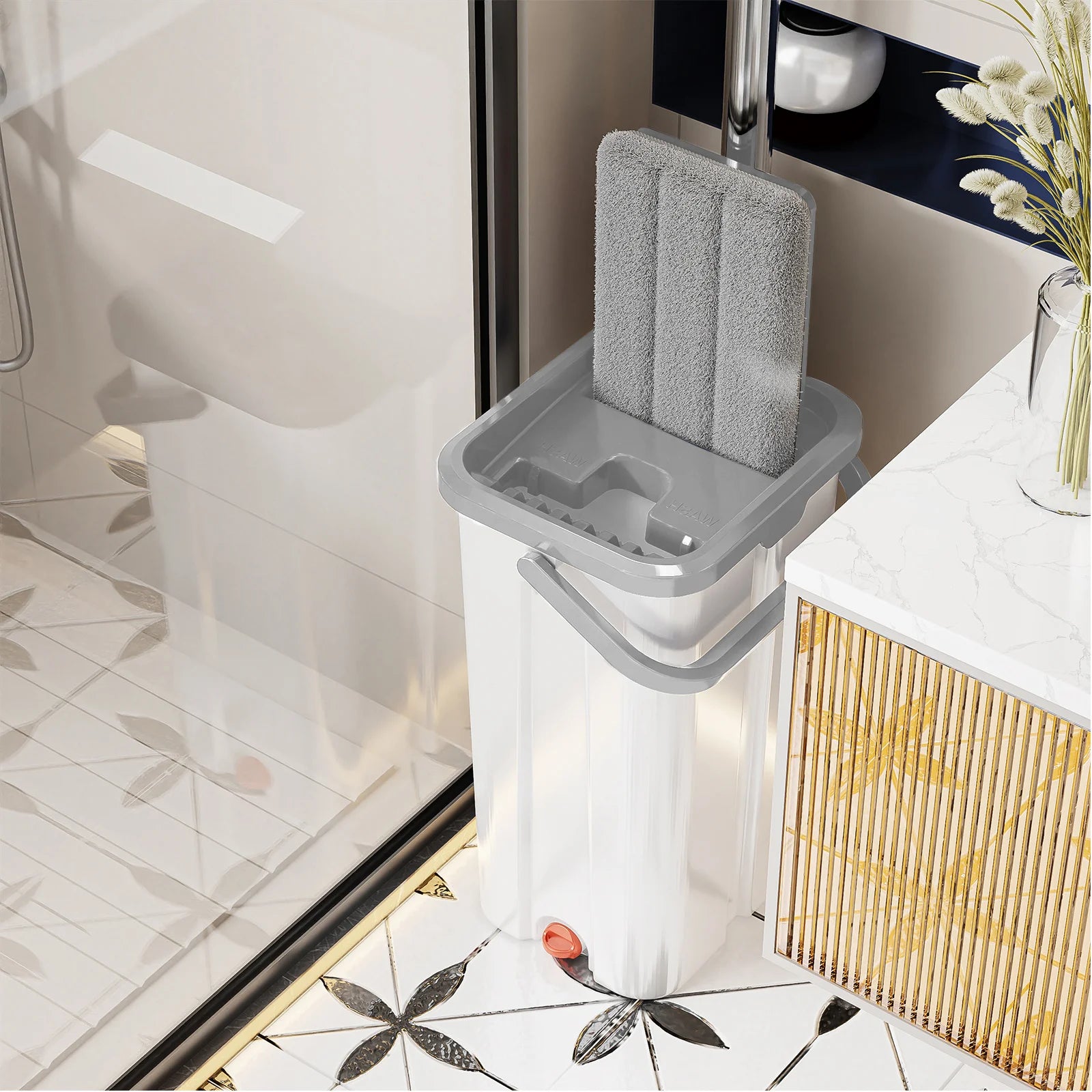 Floor Flat Squeeze Mop with Bucket Hand Free Lazy Cleaning Mop Microfiber 360 Rotating Self-Wringing Mop House Cleaning