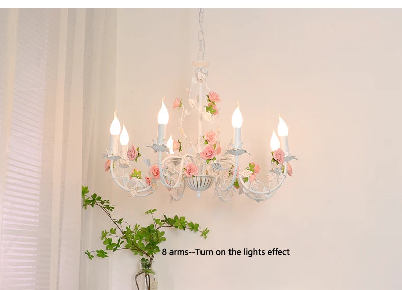 Rural Bedroom Chandelier French Living Room Children's Room Iron Flowers Plants Warm American Retro Fresh Ceramic Pendant Lamps