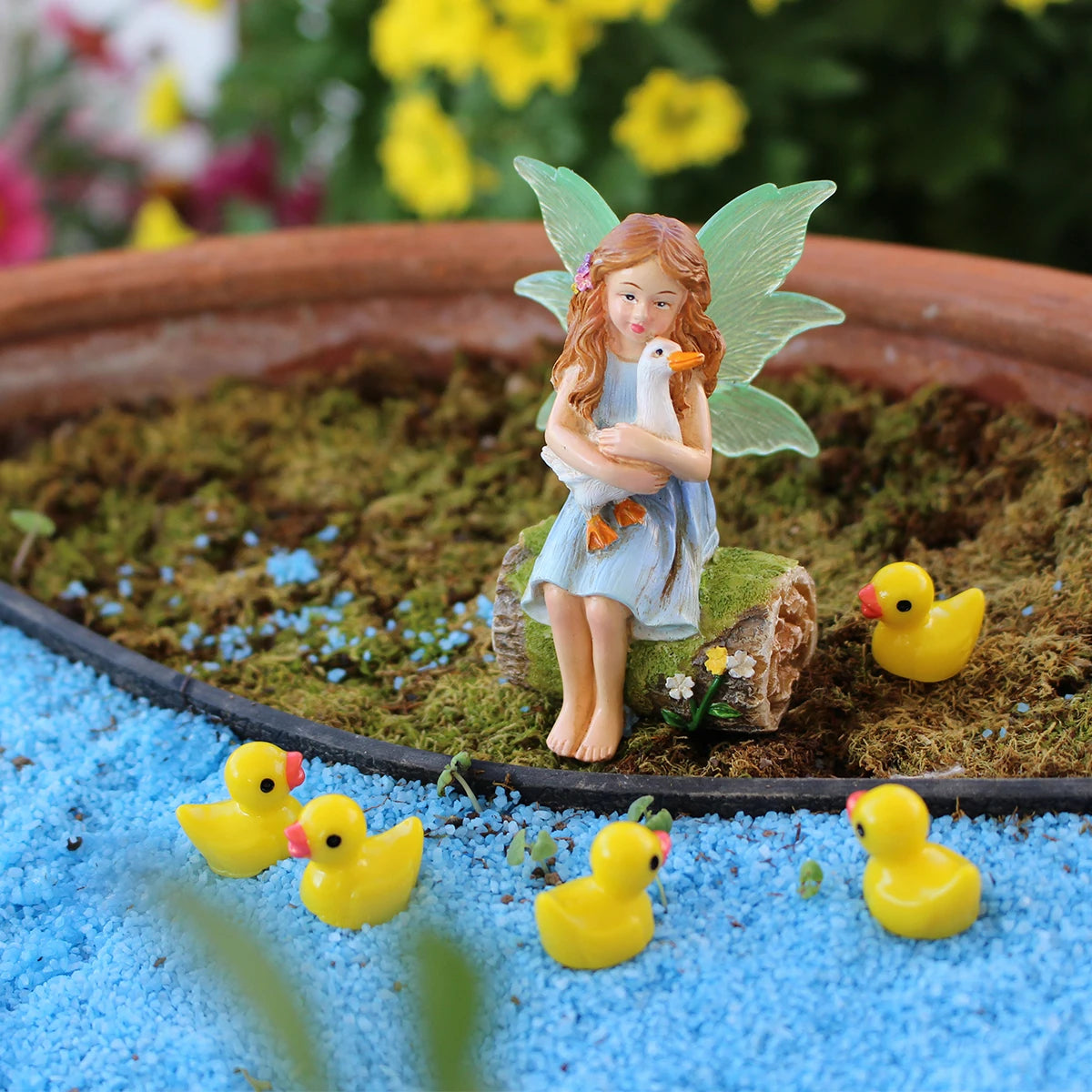 1 set of flower fairy holding duck landscape, outdoor fairy tale mini garden decoration handicraft flower pot accessories, fairy