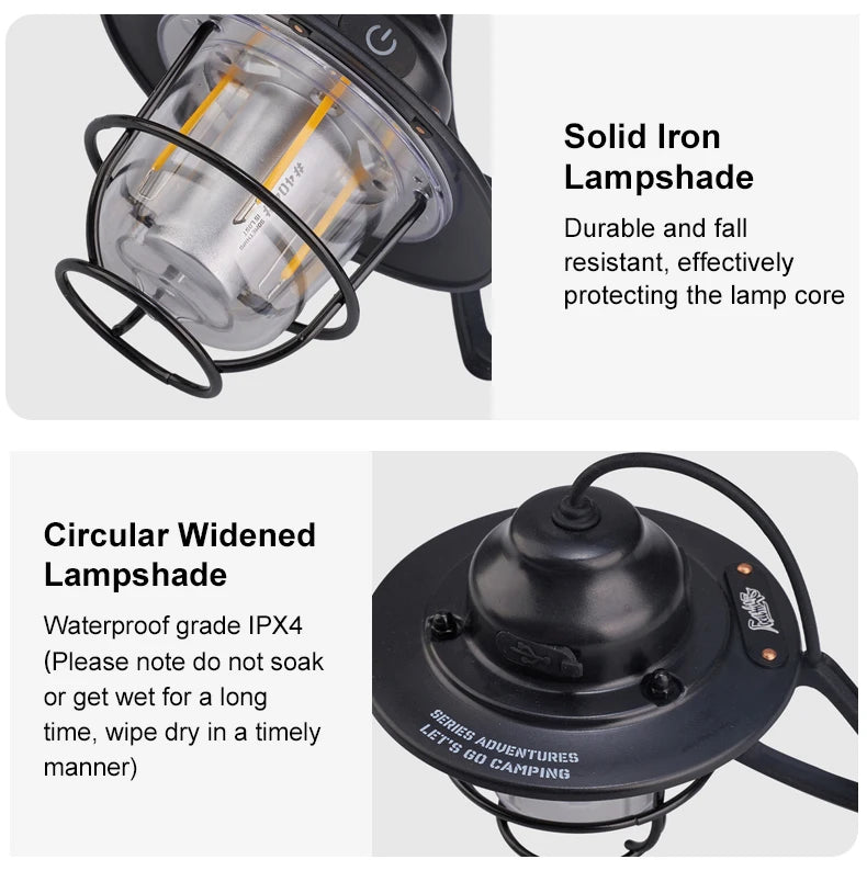 Portable Camping Lanterns Retro Hanging Tent Lamp Waterproof Dimmable Camping Light 1200mAh for Hiking Fishing Emergency Lantern
