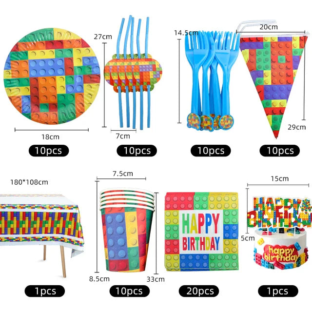 Building Block Tablecloth Theme Party Disposable Tableware Balloon Kid Boy and Girls Birthday Balloon Decor Baby Bath Products