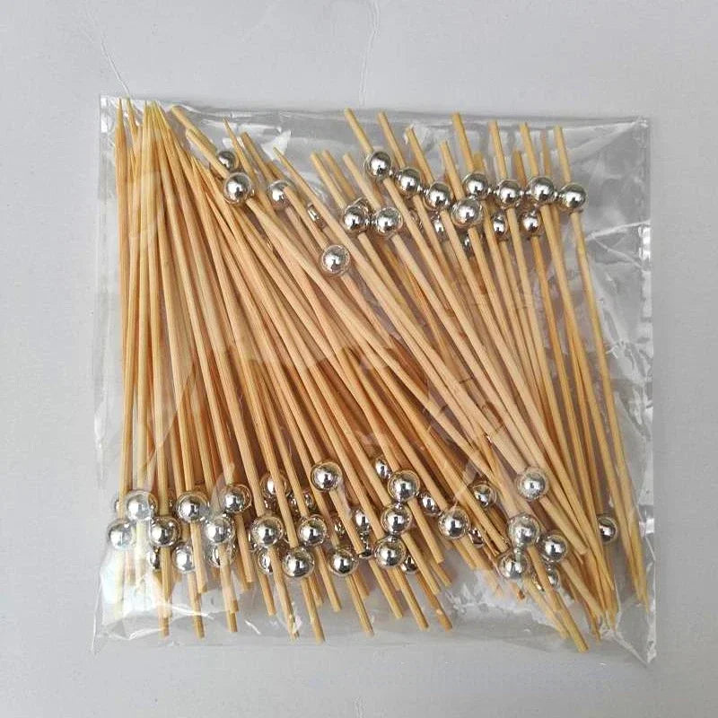 100pcs 12cm Gold Beads Bamboo Fruit Sticks Fruit Salad Snack Fork Cocktail Decor Cake Buffet Toothpicks Party Tableware Supplies