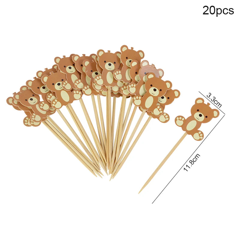 20Pcs Cute Bear Disposable Bamboo Food Pick Baby Shower Santa Dessert Fruit Salad Toothpick Birthday Party Decoration Supplies
