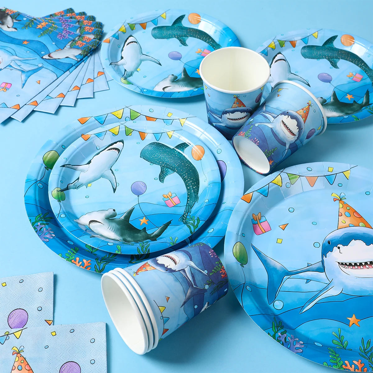 Shark Party Disposable Tableware Set Plates Cups Ocean Shark Birthday Party Decor Kids Boy Baby Shower Party Decor Supplies