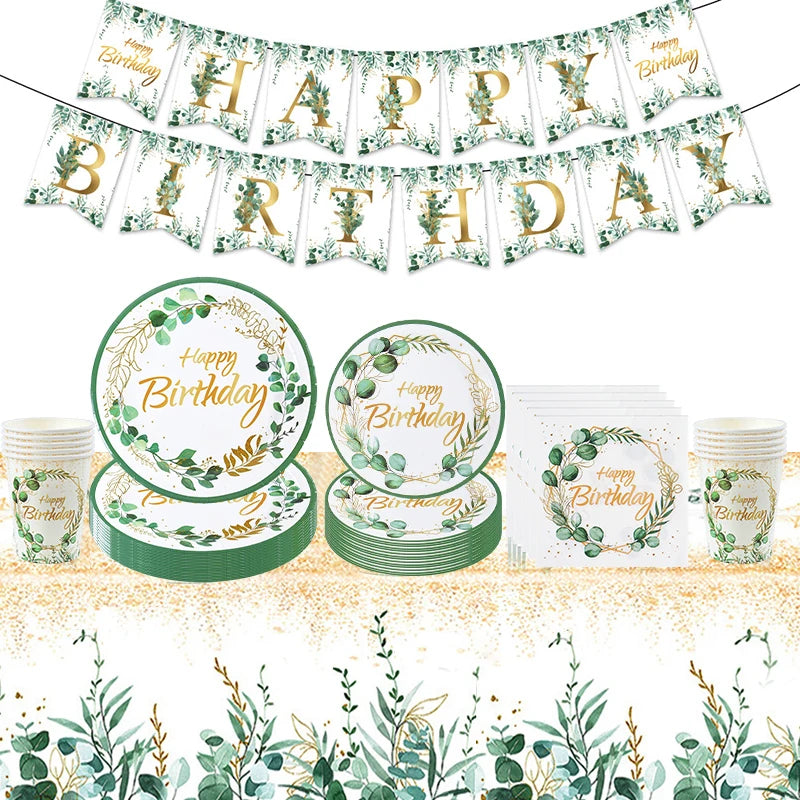 Green Eucalyptus Leaf Disposable Tableware Set Paper Plate Cup Napkin Kids Adult Birthday Supplies Hawaiian Summer Party Decor