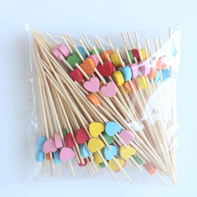 100Pcs Disposable Bamboo Skewers Food Picks Buffet Cupcake Fruit Fork Salad Vegetable Sticks Toothpick Skewer Party Cake Dessert