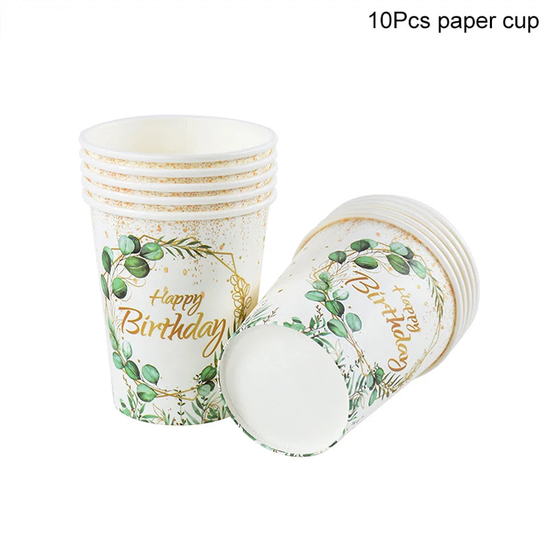 Green Eucalyptus Leaf Disposable Tableware Set Paper Plate Cup Napkin Kids Adult Birthday Supplies Hawaiian Summer Party Decor