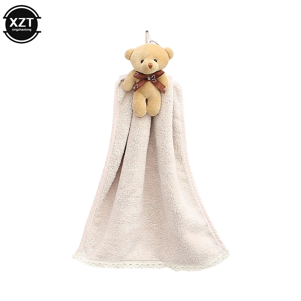 Cute Bear Quick-Dry Hand Towel Coral Fleece Holdable Kitchen Toilet Towel Absorbent Wipe Plush Hand Towel Bathroom Hanging Towel