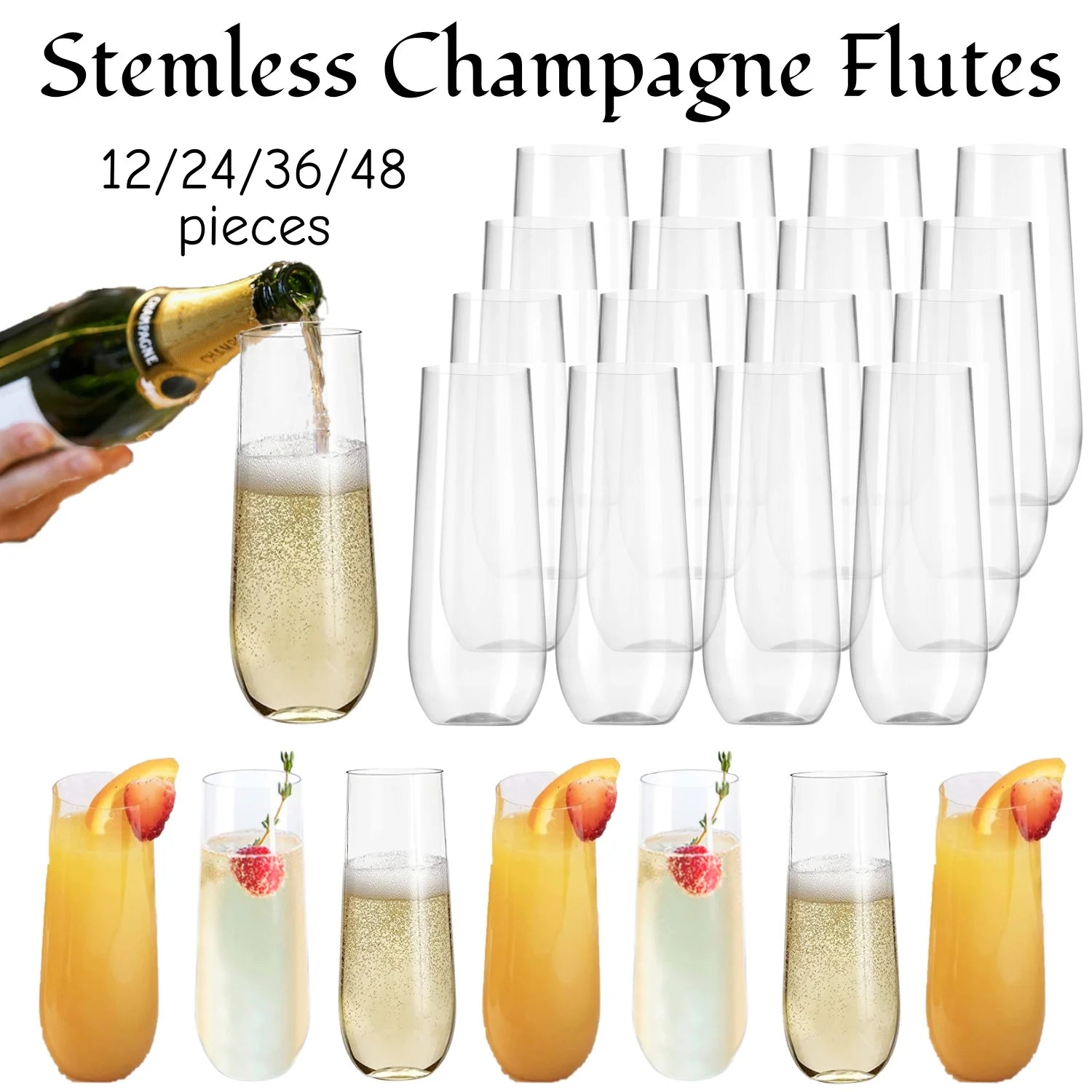 12-48Pcs Plastic Champagne Flutes 9Oz Stemless Plastic Champagne Glasses Shatterproof Disposable for Mimosa Bar Wedding Toasting