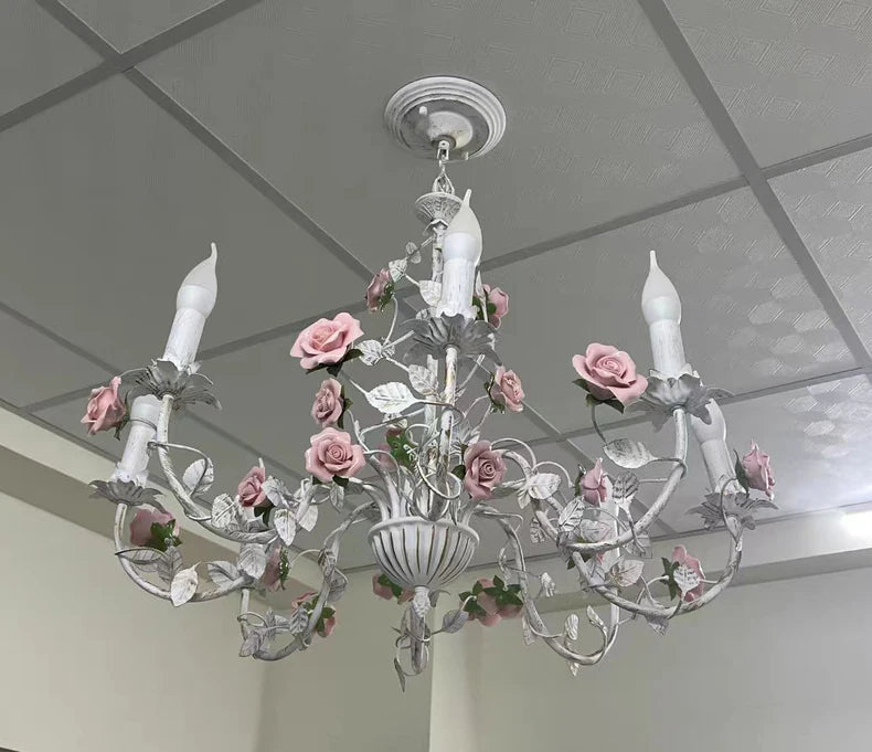 Rural Bedroom Chandelier French Living Room Children's Room Iron Flowers Plants Warm American Retro Fresh Ceramic Pendant Lamps