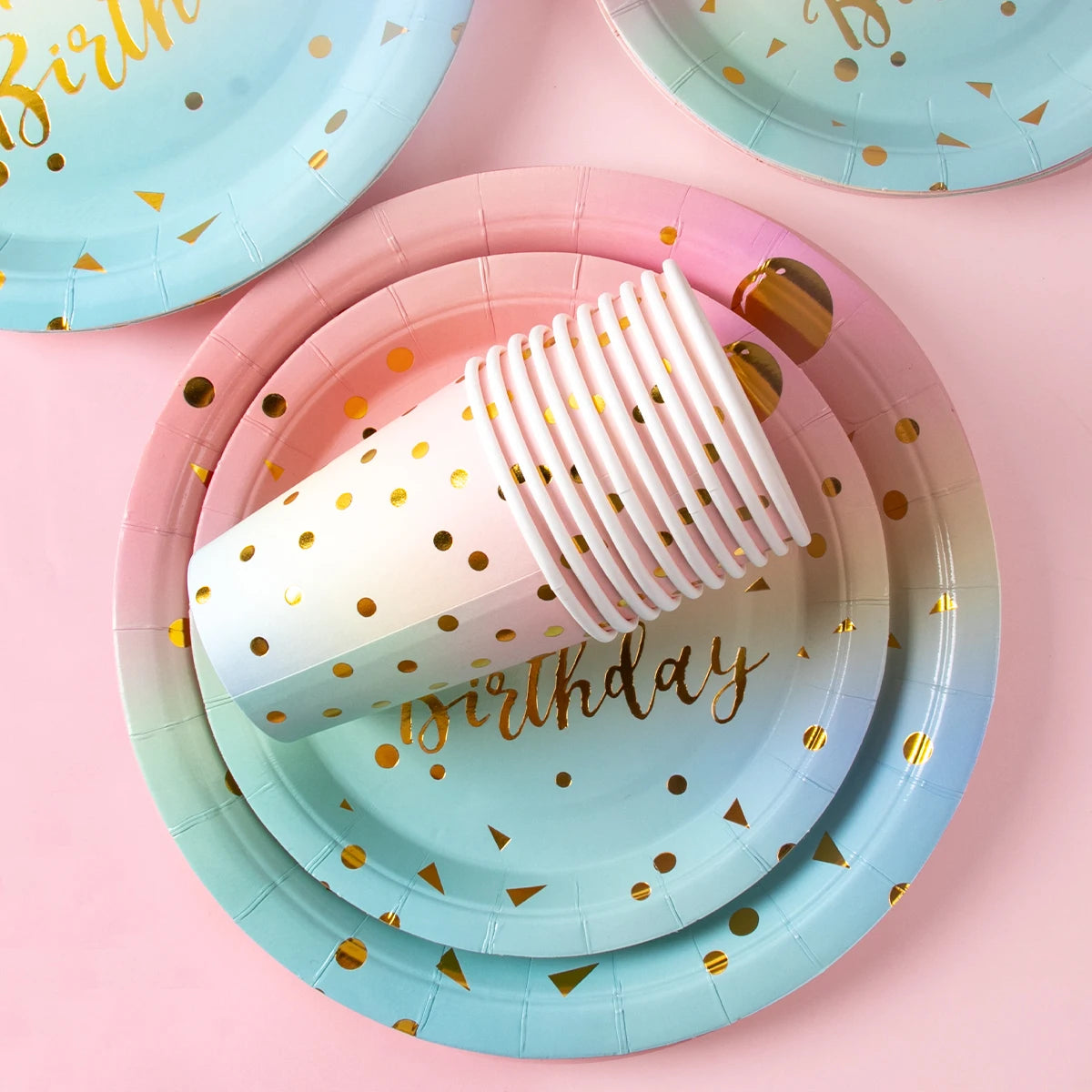 Rainbow Pastel Disposable Tableware Set Gold Glitter Happy Birthday Pattern Paper Plate Cup Napkins for Birthday Party Supplies