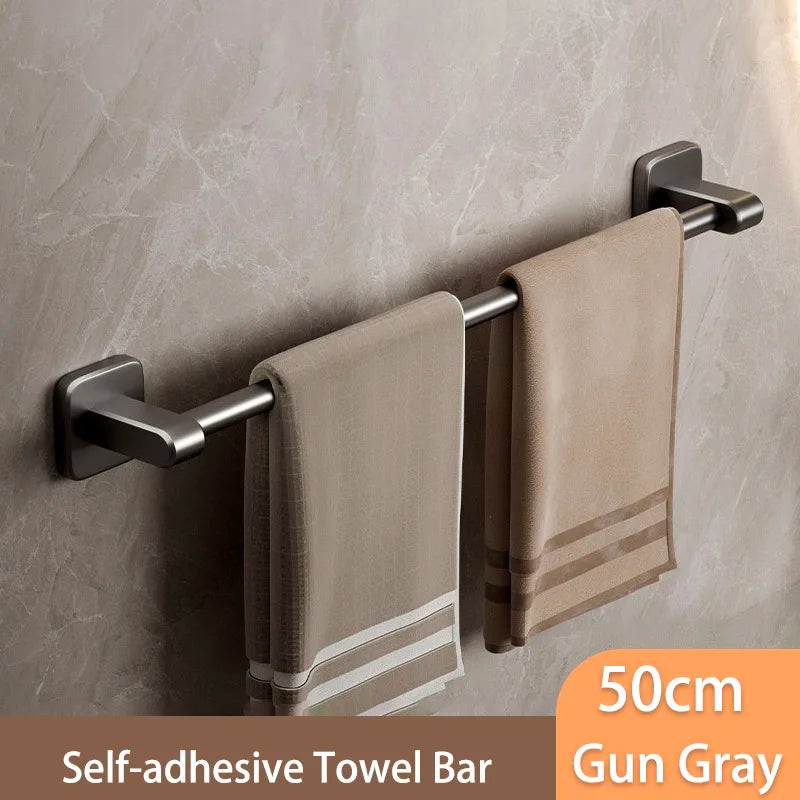 Self-Adhesive Bathroom Towel Rack Holder without Drilling Kitchen Cabinet Dishcloth Rack Black Aluminum Hand Towel Hanger Rod