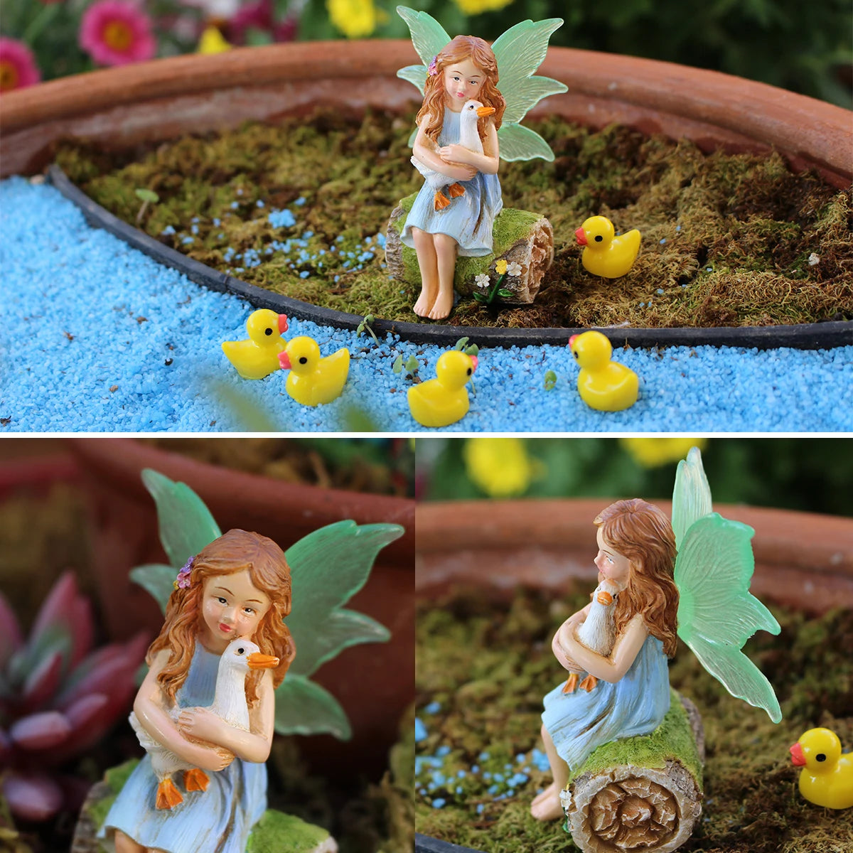 1 set of flower fairy holding duck landscape, outdoor fairy tale mini garden decoration handicraft flower pot accessories, fairy