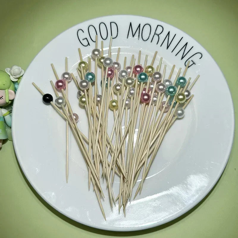 100pcs 12cm Gold Beads Bamboo Fruit Sticks Fruit Salad Snack Fork Cocktail Decor Cake Buffet Toothpicks Party Tableware Supplies