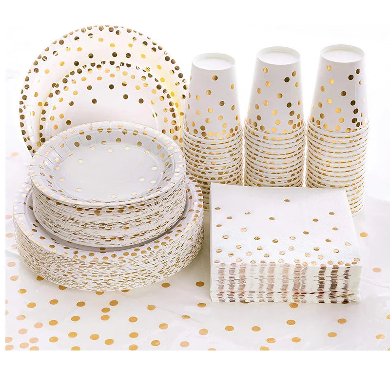 Disposable Paper Plates Gold Party Supplies, Golden Polka Dots Birthday and Baptism Decorations, include Plates and Cups, Napkin