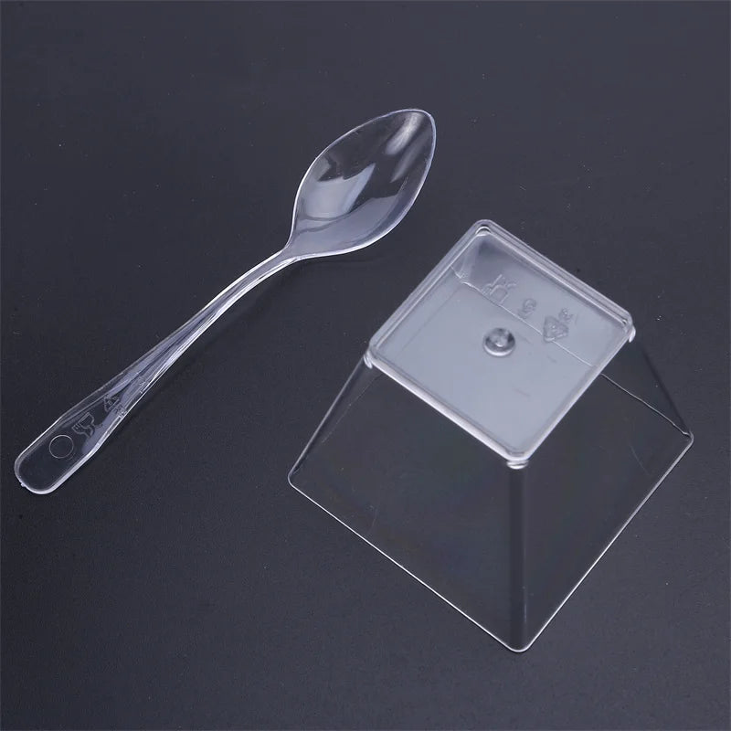 Disposable Tableware Set Dessert Cups Spoons Set Jelly Smoothie Mousse Fruit Cube Pudding Cup Party PS Dessert Suit Cups