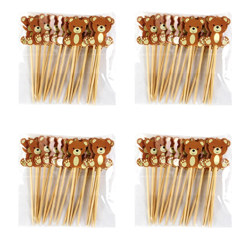 20Pcs Cute Bear Disposable Bamboo Food Pick Baby Shower Santa Dessert Fruit Salad Toothpick Birthday Party Decoration Supplies