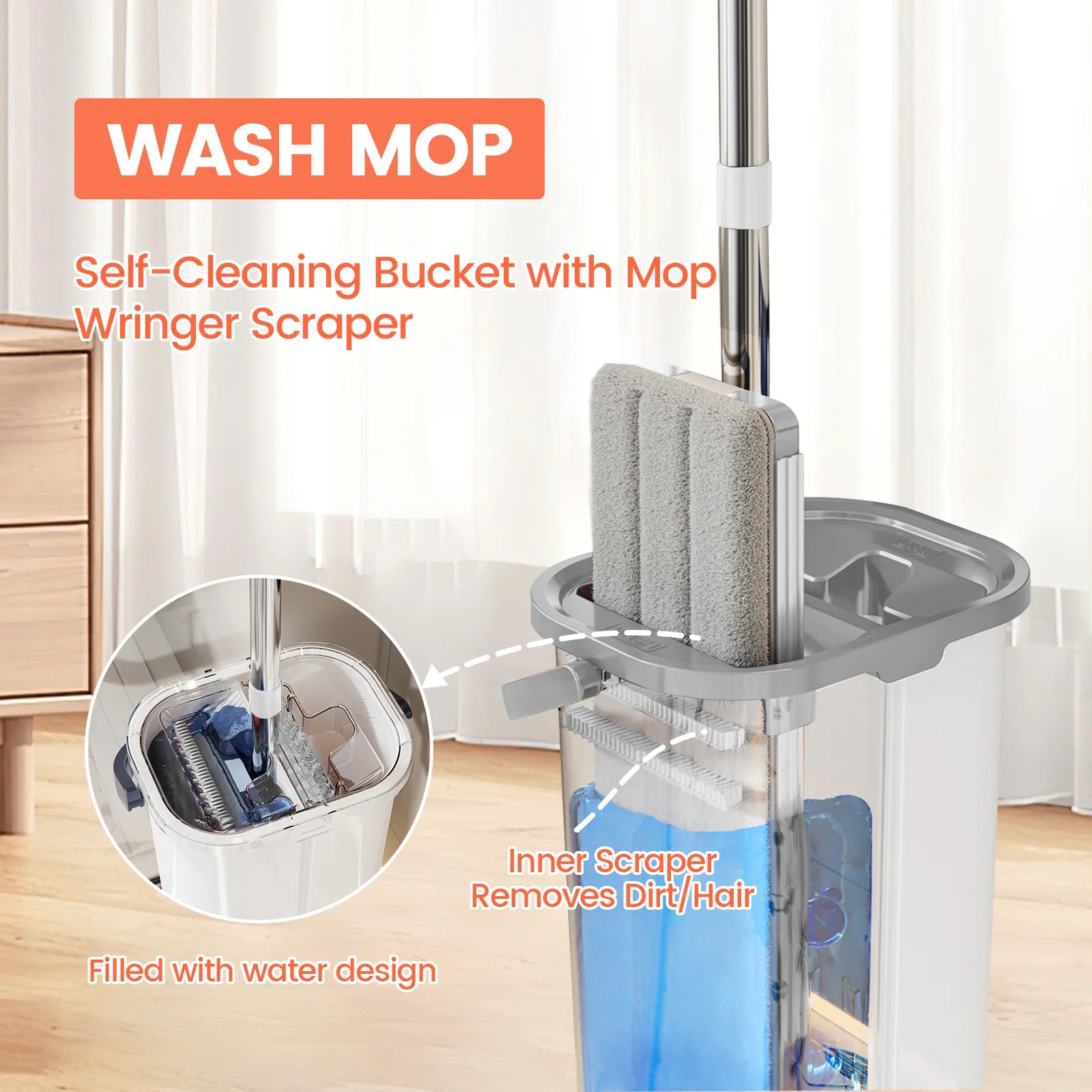 Floor Flat Squeeze Mop with Bucket Hand Free Lazy Cleaning Mop Microfiber 360 Rotating Self-Wringing Mop House Cleaning