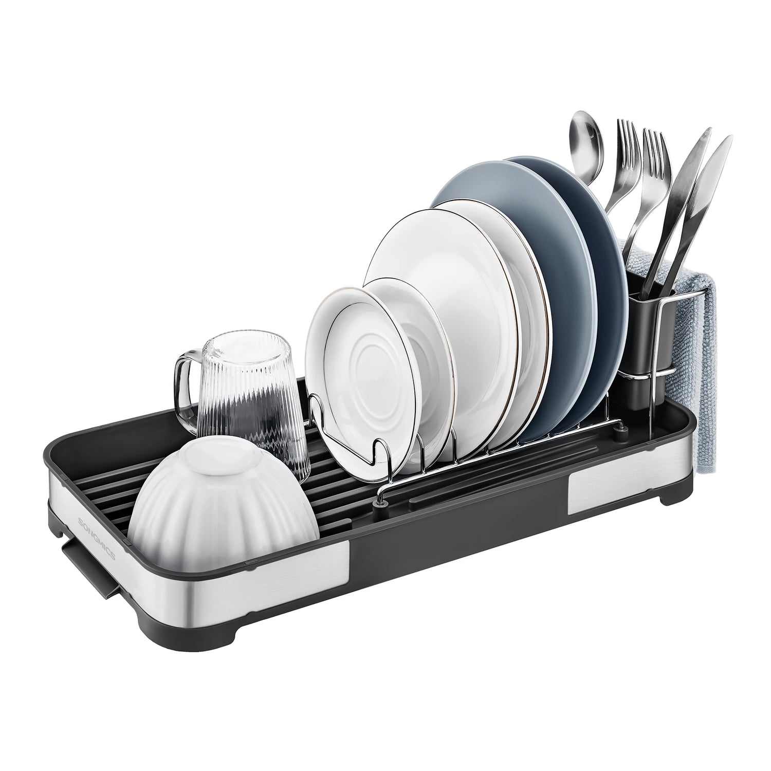 SONGMICS Small Dish Drying Rack, Dish Dryer for Kitchen Counter, Stainless Steel Dish Rack with Drain, Utensil Holder,Rustproof