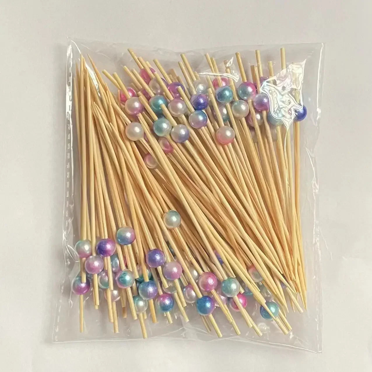 100pcs 12cm Gold Beads Bamboo Fruit Sticks Fruit Salad Snack Fork Cocktail Decor Cake Buffet Toothpicks Party Tableware Supplies