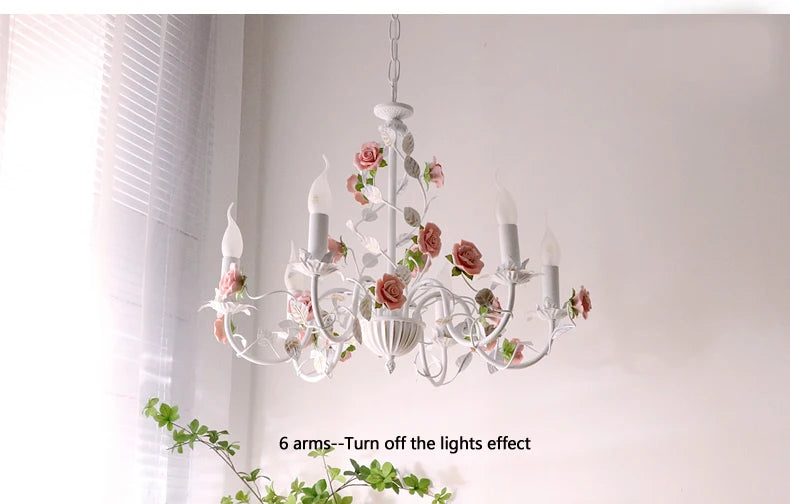 Rural Bedroom Chandelier French Living Room Children's Room Iron Flowers Plants Warm American Retro Fresh Ceramic Pendant Lamps