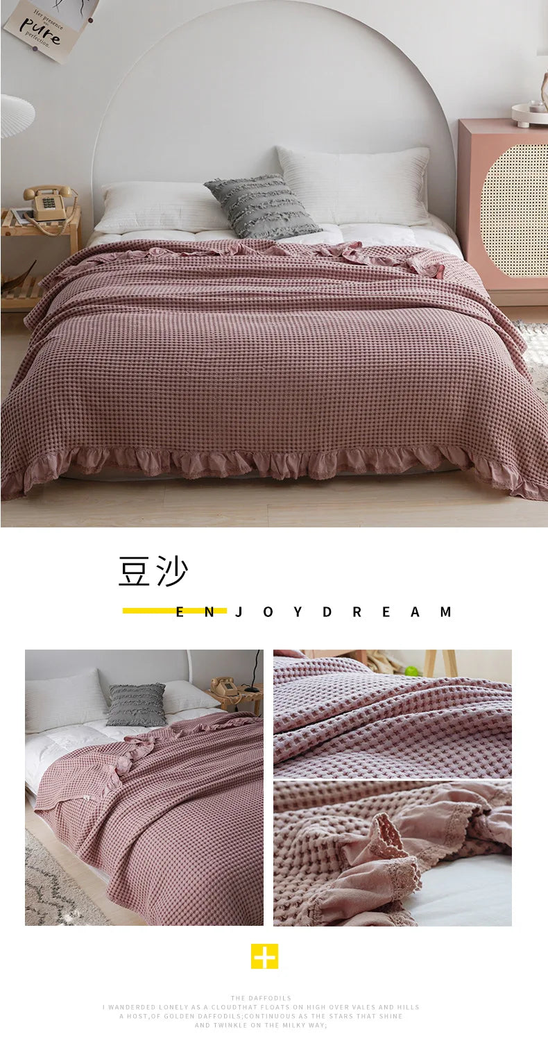 100% Cotton Soft Bed Plaid Home Japenese Knitted Blanket Corn Grain Waffle Embossed Summer Ruffles Warm Plaid Throw Bedspread