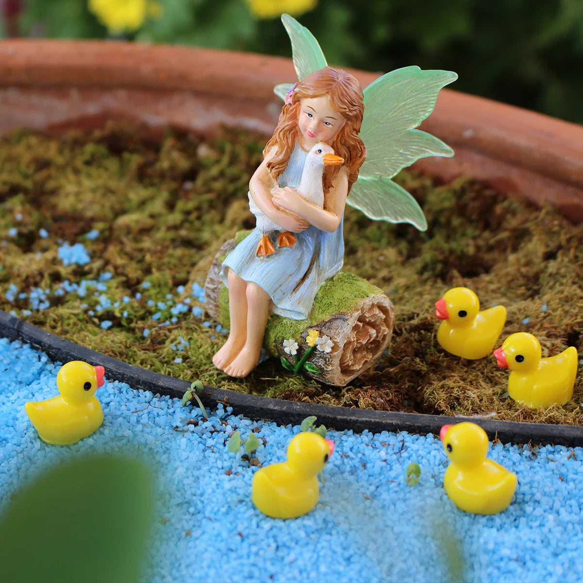 1 set of flower fairy holding duck landscape, outdoor fairy tale mini garden decoration handicraft flower pot accessories, fairy