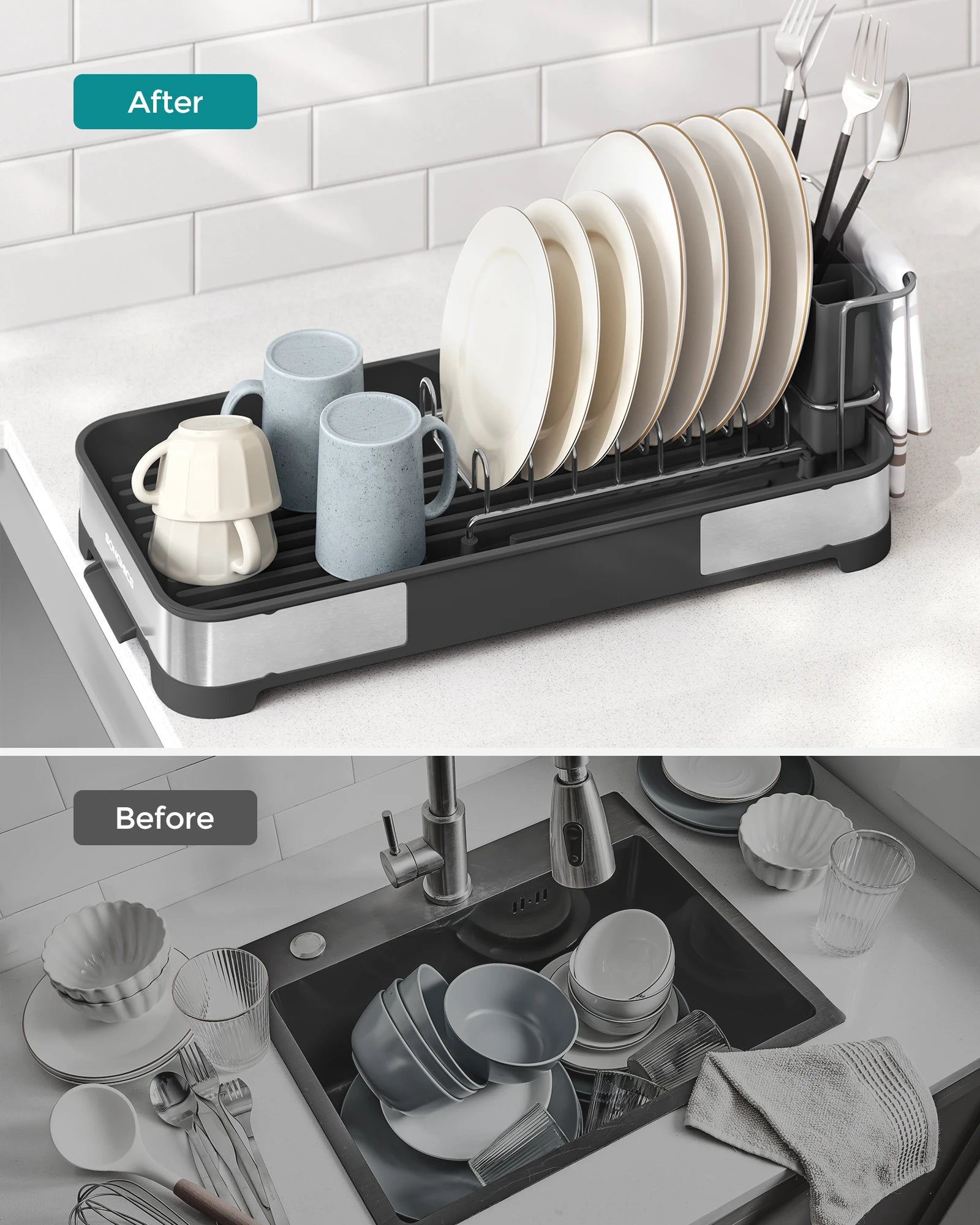 SONGMICS Small Dish Drying Rack, Dish Dryer for Kitchen Counter, Stainless Steel Dish Rack with Drain, Utensil Holder,Rustproof