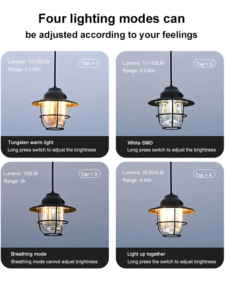 Portable Camping Lanterns Retro Hanging Tent Lamp Waterproof Dimmable Camping Light 1200mAh for Hiking Fishing Emergency Lantern