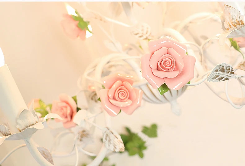 Rural Bedroom Chandelier French Living Room Children's Room Iron Flowers Plants Warm American Retro Fresh Ceramic Pendant Lamps