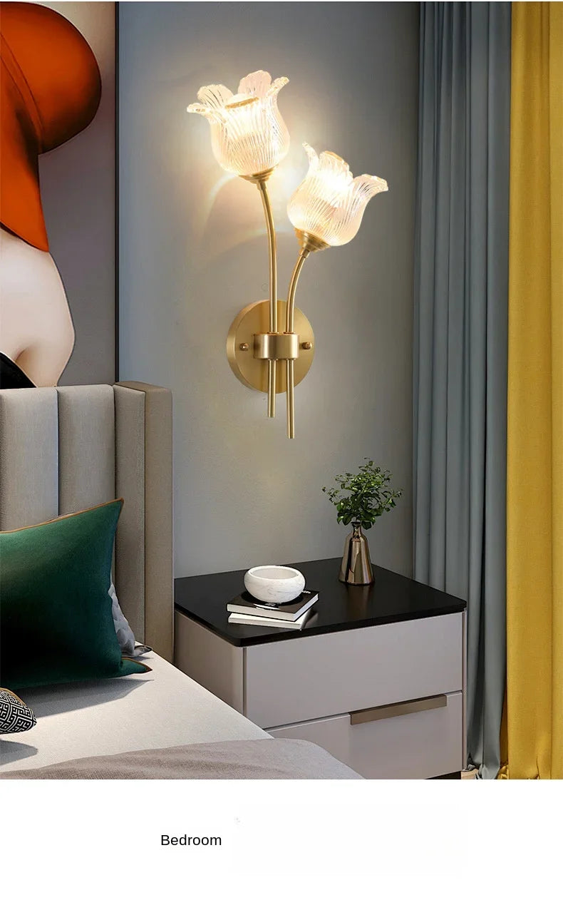 Bedroom headboard  lamp all copper American retro designer flower cream wind wall light room decor