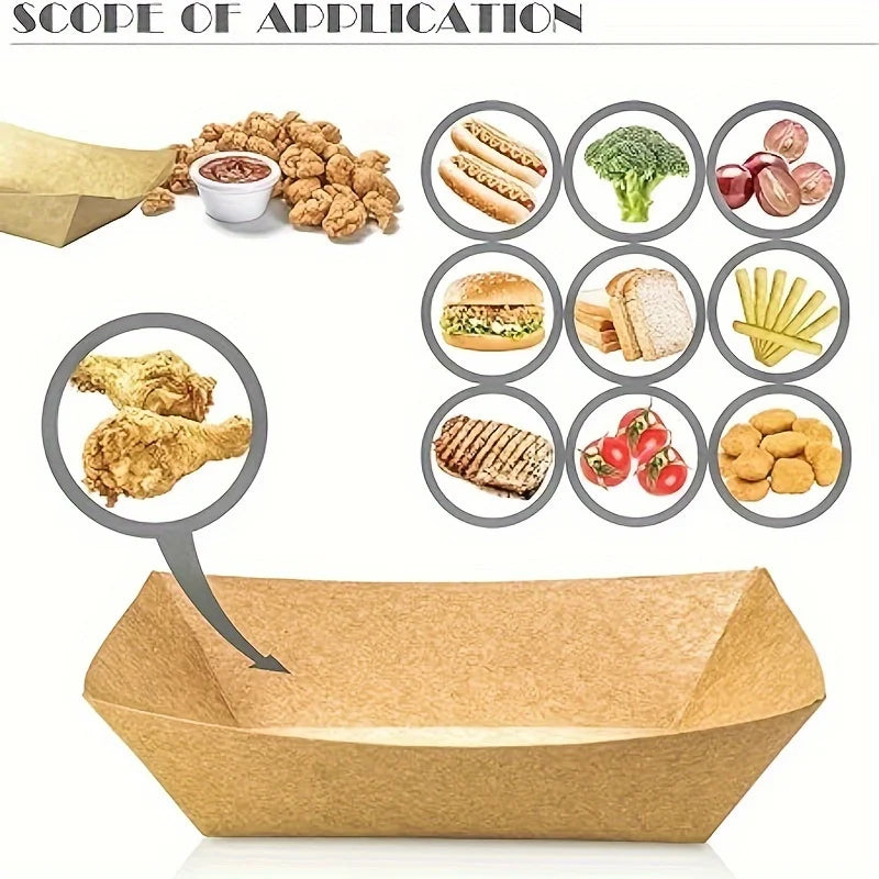 100pcs Kraft Paper Food Tray Heavy-duty Food Boat Trays Disposable Service Basket For Snacks Fries Tacos BBQ Party Tableware Set