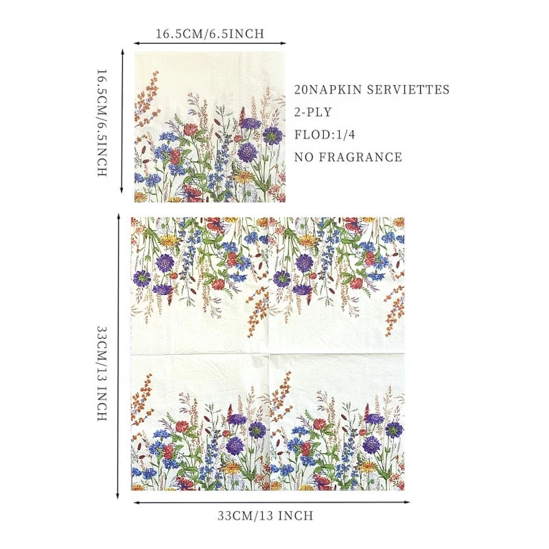 20Pcs/Bag Vintage Field Flowers Decoupage Paper Napkins Floral Paper Serviettes for Xmas Birthday Party Tableware Decor Hot