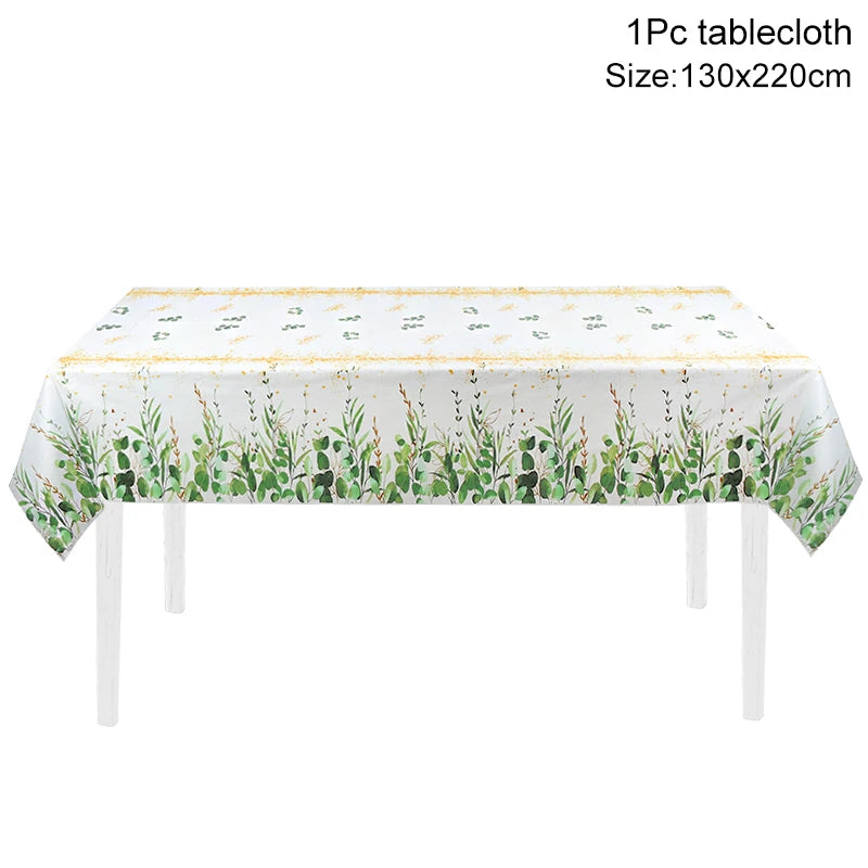 Green Eucalyptus Leaf Disposable Tableware Set Paper Plate Cup Napkin Kids Adult Birthday Supplies Hawaiian Summer Party Decor