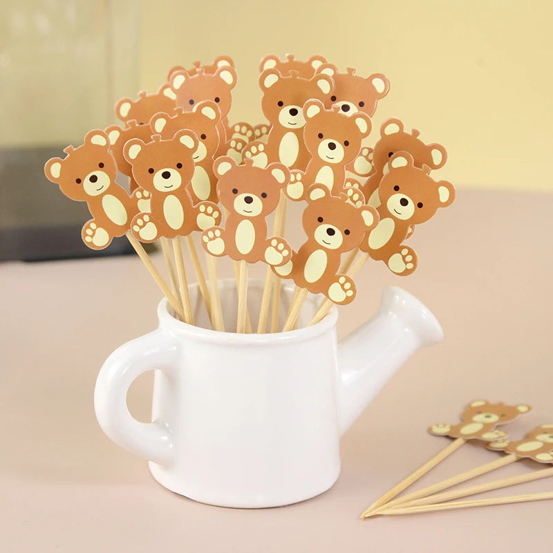 20Pcs Cute Bear Disposable Bamboo Food Pick Baby Shower Santa Dessert Fruit Salad Toothpick Birthday Party Decoration Supplies