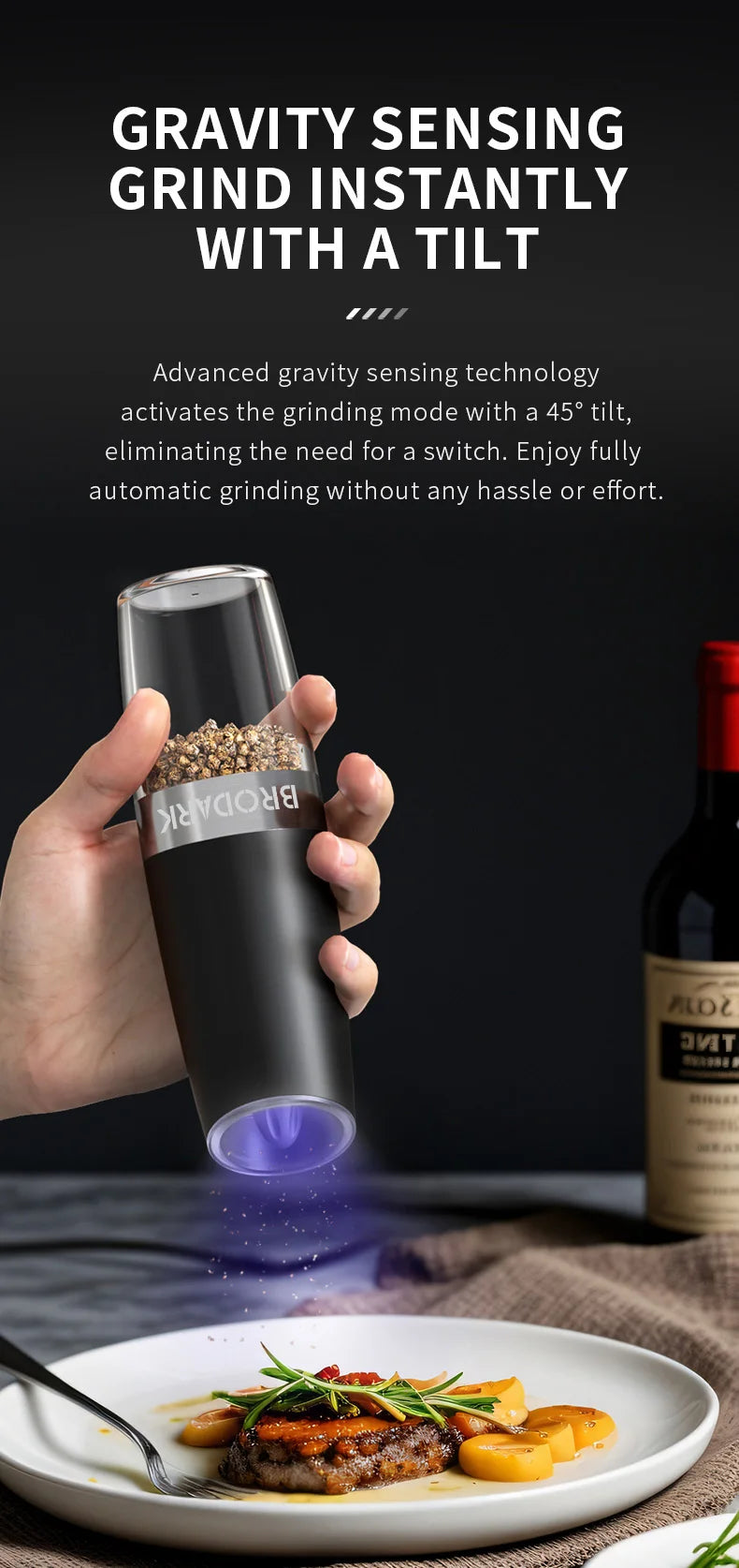 1/2pcs Gravity Electric Salt And Pepper Grinder Set, Battery Powered LED Light One HandAutomatic Operation