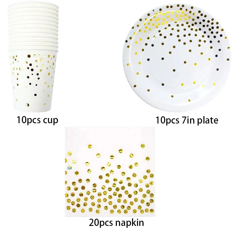 Disposable Paper Plates Gold Party Supplies, Golden Polka Dots Birthday and Baptism Decorations, include Plates and Cups, Napkin
