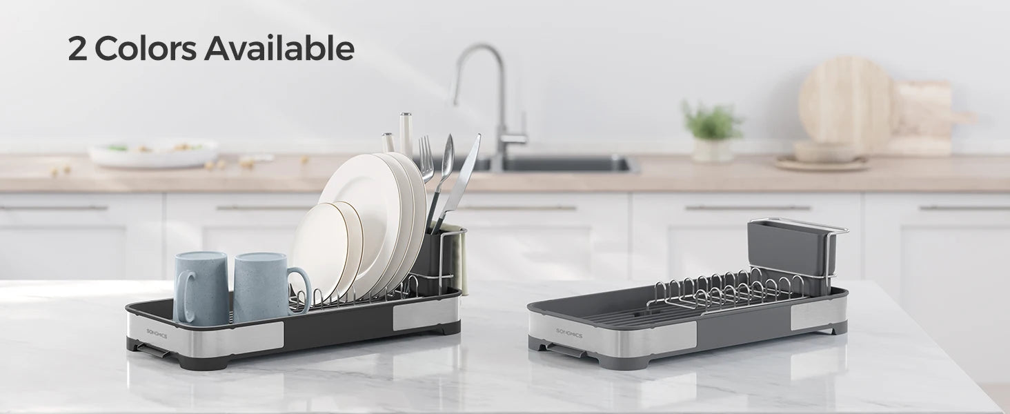 SONGMICS Small Dish Drying Rack, Dish Dryer for Kitchen Counter, Stainless Steel Dish Rack with Drain, Utensil Holder,Rustproof