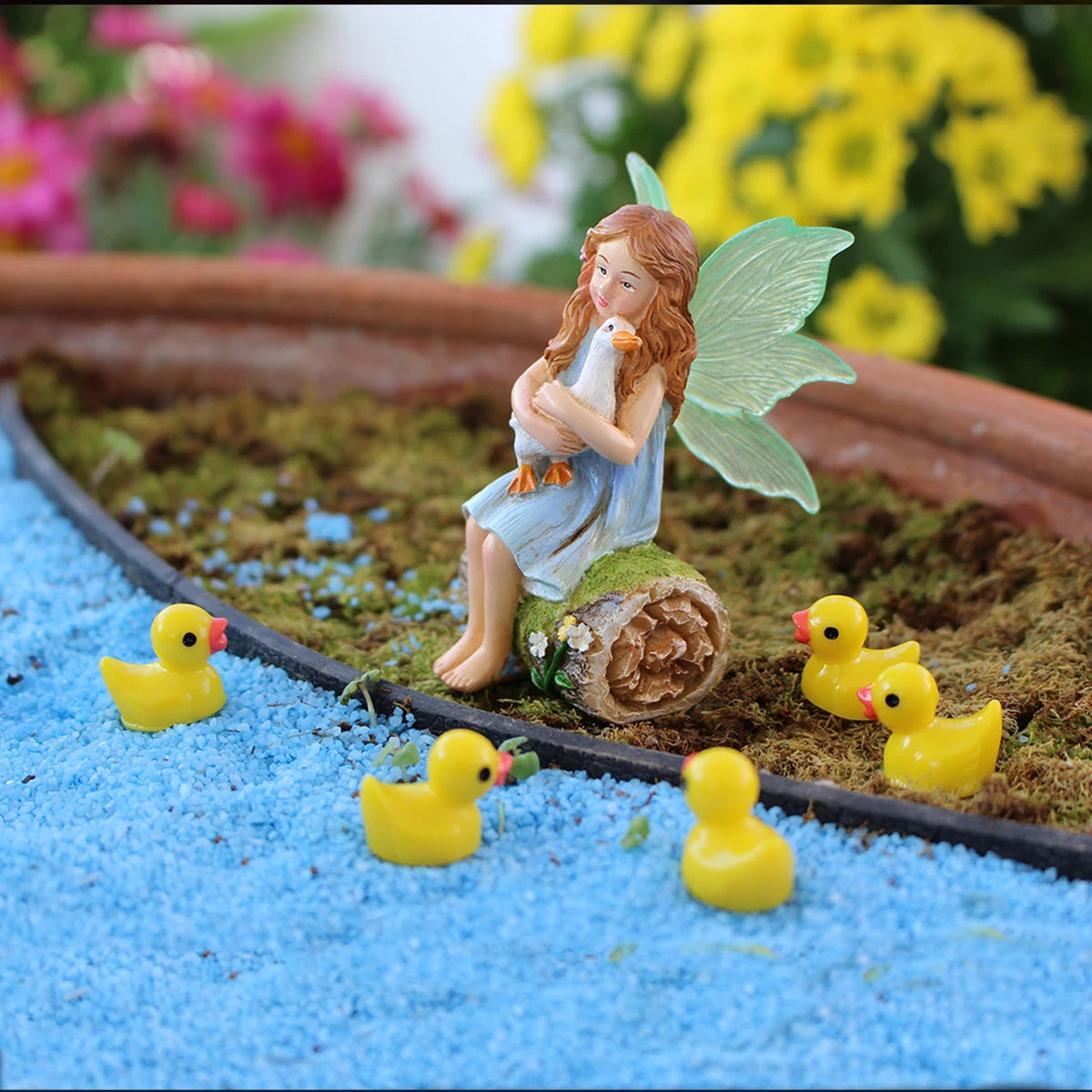 1 set of flower fairy holding duck landscape, outdoor fairy tale mini garden decoration handicraft flower pot accessories, fairy
