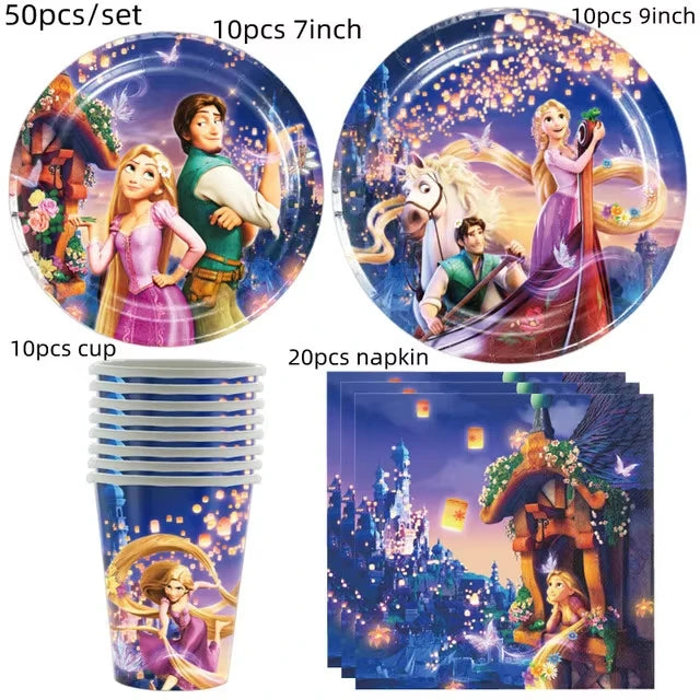 Disney Tangled Rapunzel Princess Party Decorations Disposable Paper Cup Plate Banner Balloons for Girls Birthday Party Supplies