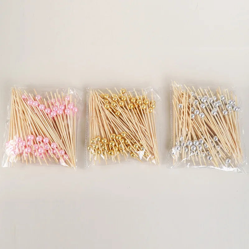 100pcs 12cm Gold Beads Bamboo Fruit Sticks Fruit Salad Snack Fork Cocktail Decor Cake Buffet Toothpicks Party Tableware Supplies