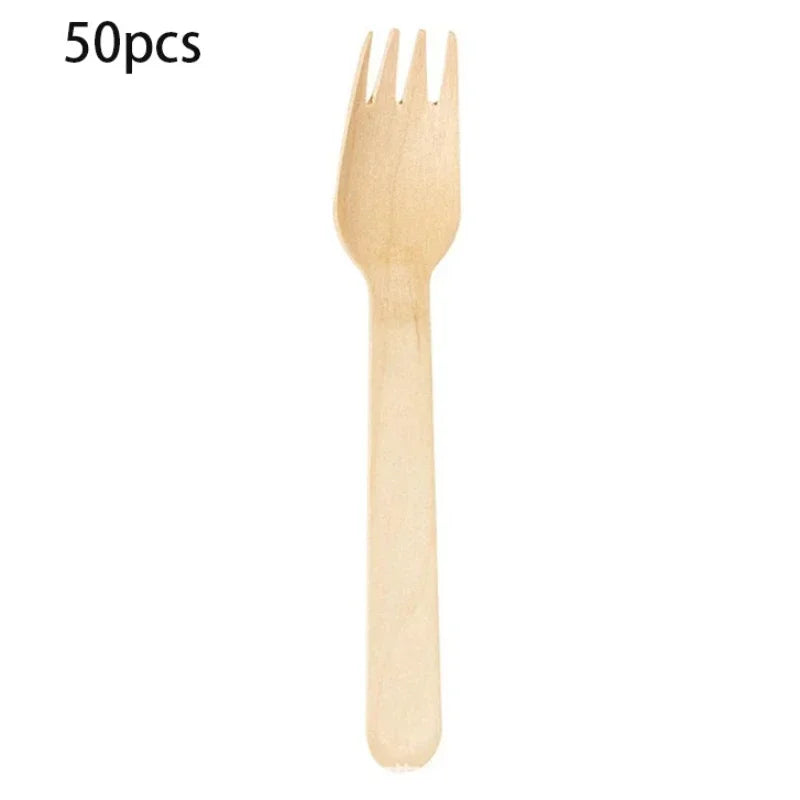 50/100pcs Wooden Fruit Cake Forks Western-style Meat Steak Pasta Disposable Tableware Wedding Birthday Party Cake Accessories