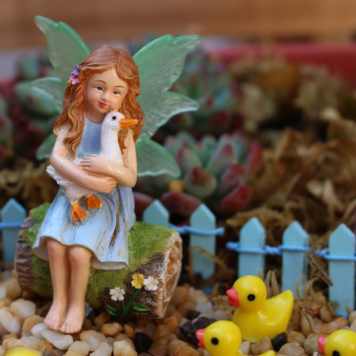 1 set of flower fairy holding duck landscape, outdoor fairy tale mini garden decoration handicraft flower pot accessories, fairy